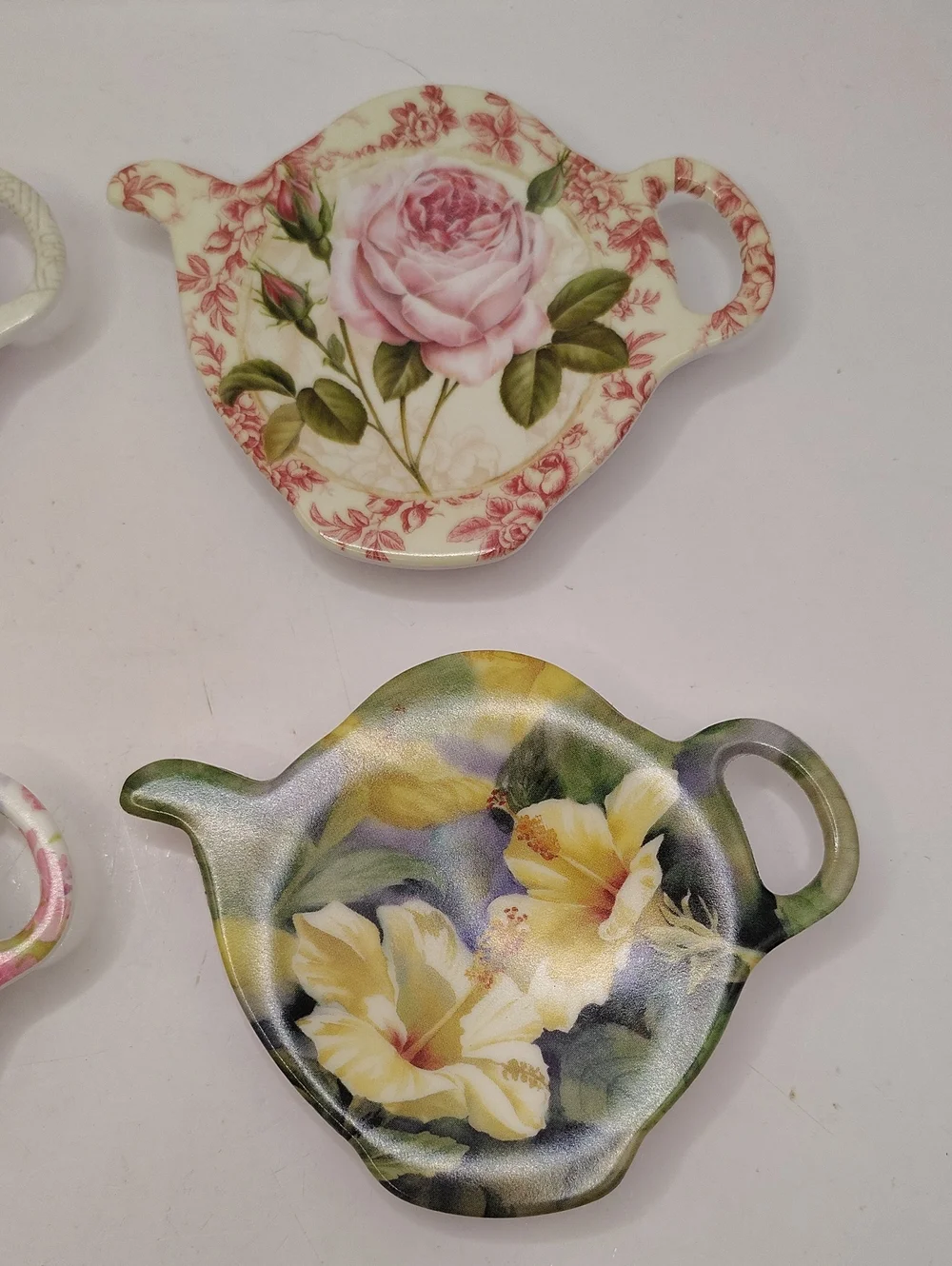 Vintage Teapot Shape Floral Design Melamine Tea Bag Holders, Italy Lot of 4